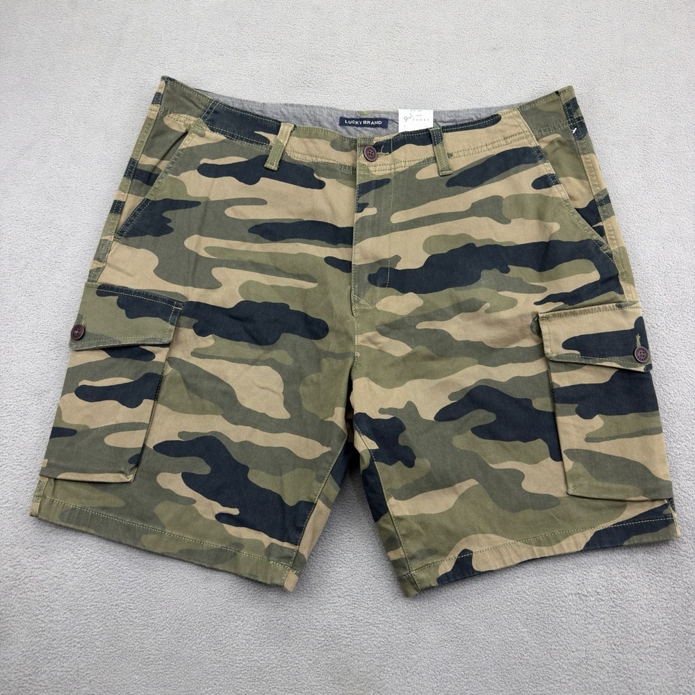 Lucky Brand Camo Cargo Shorts Mens 38 Woodland Camouflage Canvas 9" Stretch New